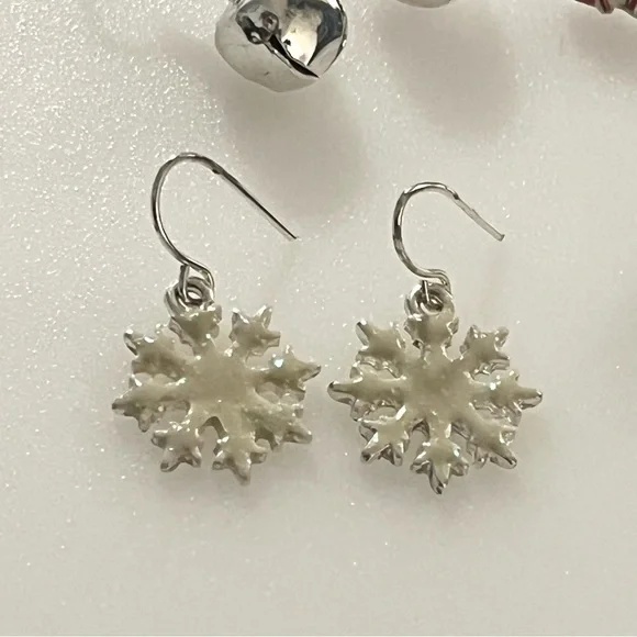 Three Sets of Christmas Earrings Snowmen, Snowflakes, & Jingle Bells Silver Tone - Picture 5 of 13